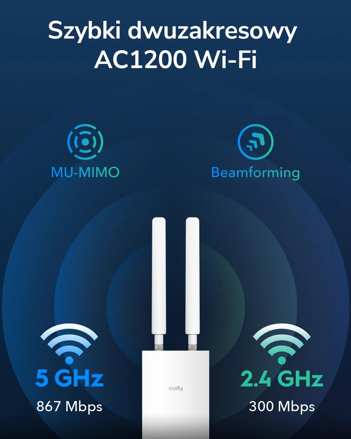 Cudy AC1200 Zewnętrzny punkt dostępowy WiFi IP65, dwuzakresowy, PoE, MU-MIMO