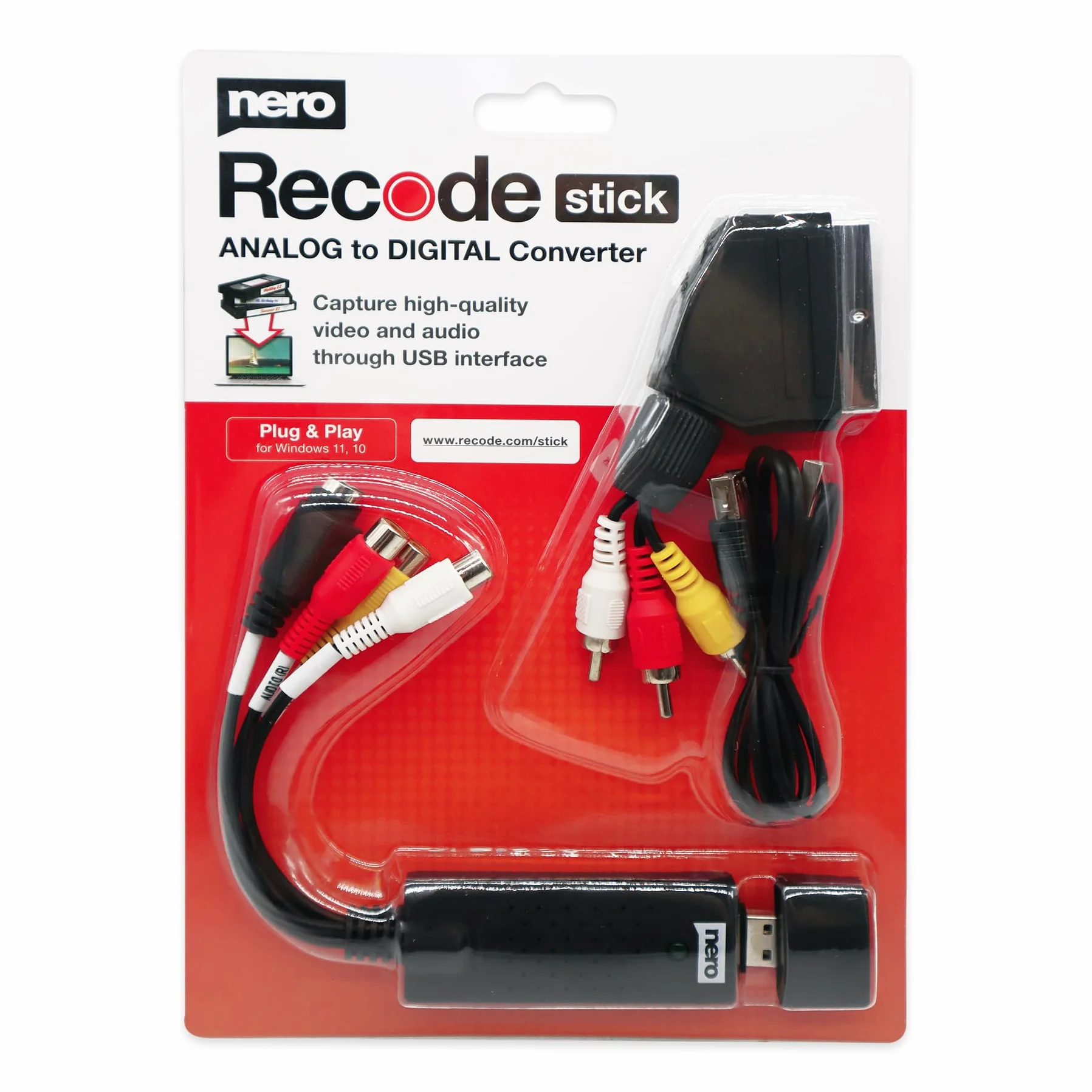 Nero VHS do USB Video Grabber Recode Stick | VHS autodigitalizacja | ANALOG to DIGITAL Capture Card | Windows 11/10/8/7 (digitalizacja kaset wideo | S-VHS | Hi8 | Super 8 | DVD na PC)