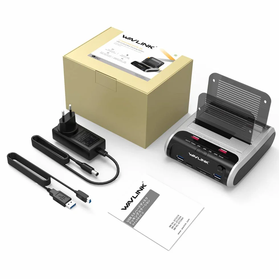 Stacja dokująca do dysków twardych, WAVLINK USB Stacja dokująca Offline funkcja klonowania dla 2,5 cala i 3,5 cala SATA HDD SSD, obsługuje karty TF i SD oraz ładowanie przez USB