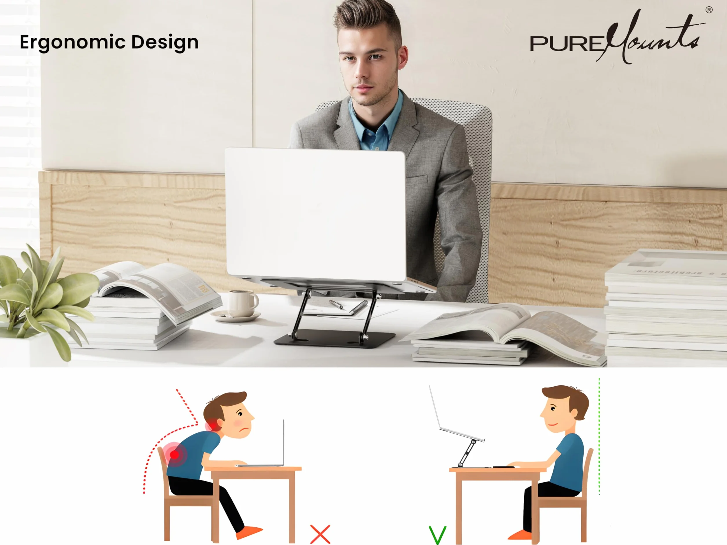PureMounts Regulowany stojak na laptopa o regulowanej wysokości, ergonomiczny składany uchwyt do notebooka biurowego, obrotowa podstawa o 360°, antypoślizgowy uchwyt na podkładkę, czarny