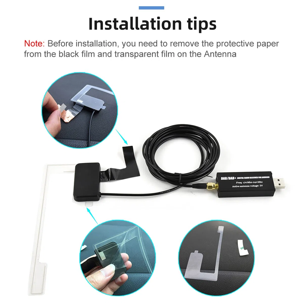 Podofo Dongle Dab/Dab+ adapter USB z anteną okienną samochodową, uniwersalny do odtwarzacza radia samochodowego z systemem Android, z aplikacją Dab, radiem na sygnał cyfrowy