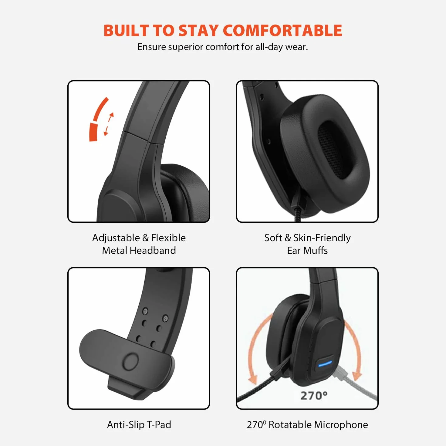 Audiocore Zestaw Słuchawkowy Bluetooth Z Mikrofonem Redukującym Szumy Dla Call Center Słuchawki Nauszne 32 Godziny Rozmów, Bezprzewodowy Zestaw Głośnomówiący Kompatybilny Z Asystentem Google