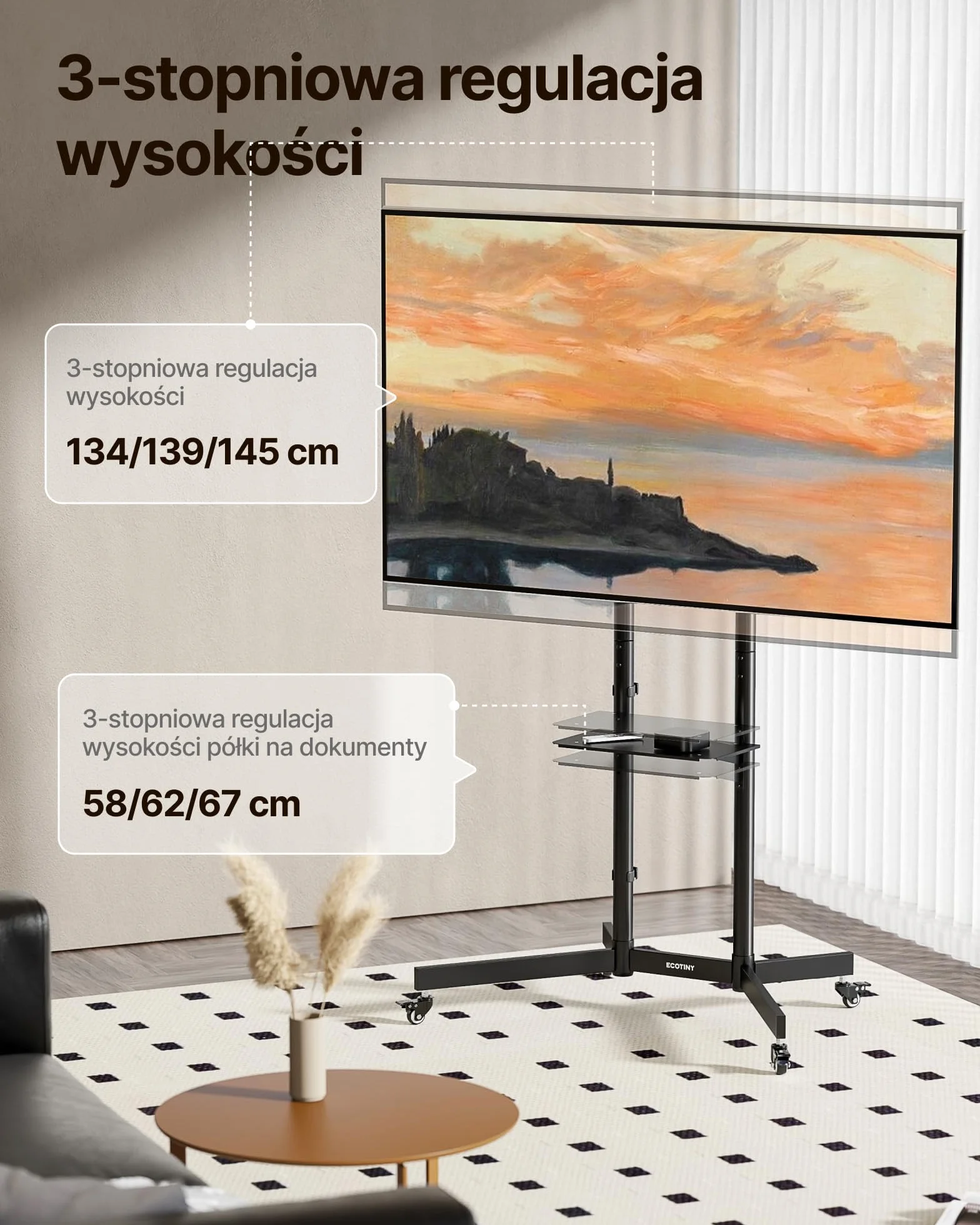 Stojak na telewizor mobilny 32-85 cali udźwig 70 kg VESA 600x400 z półką
