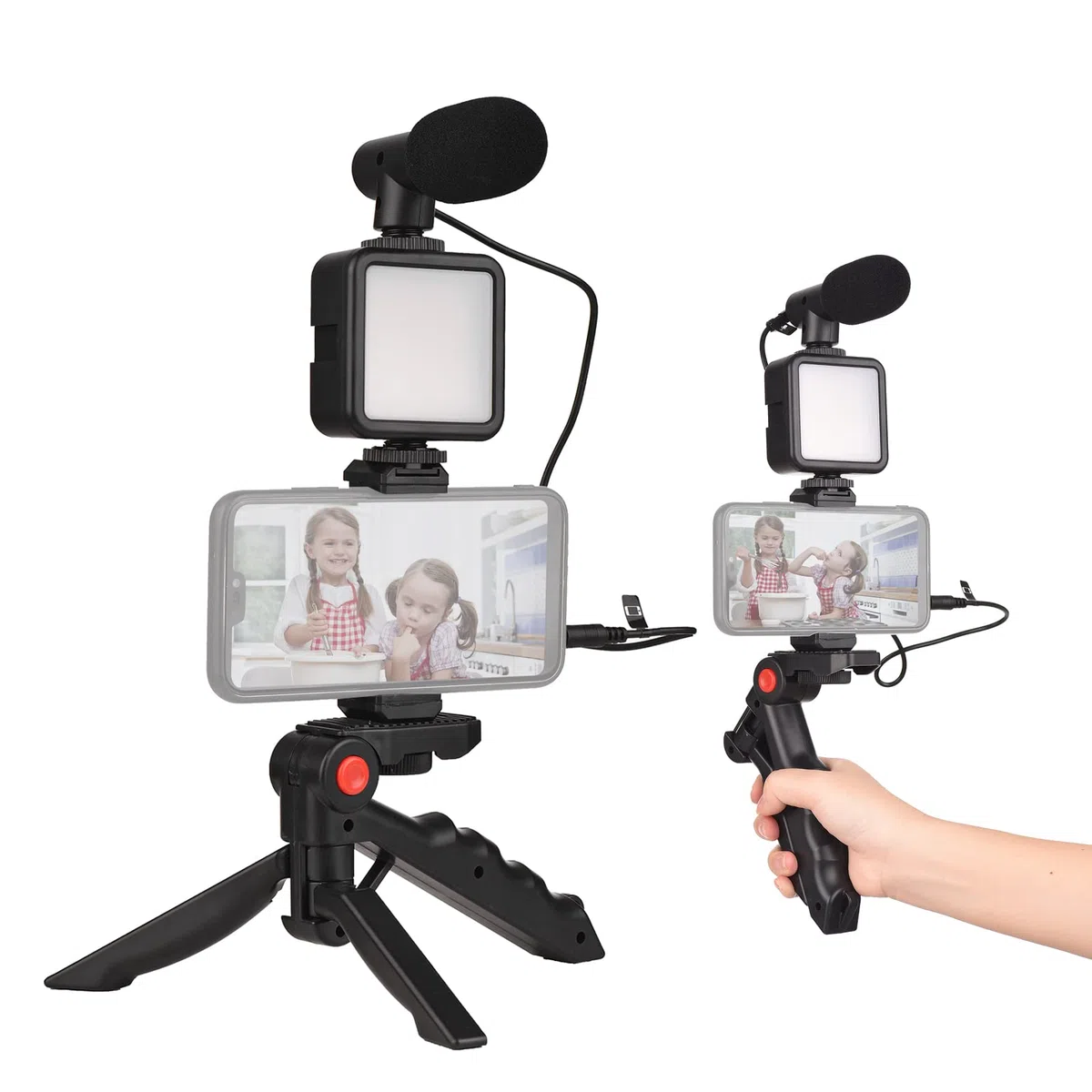 Andoer Zestaw do smartfona Vlog Kit Mini LED lampa wideo + mikrofon nerkowy + wysuwany klips na telefon + statyw z regulacją jasności do transmisji na żywo, vloga, nagrywania wideokonferencji, selfie