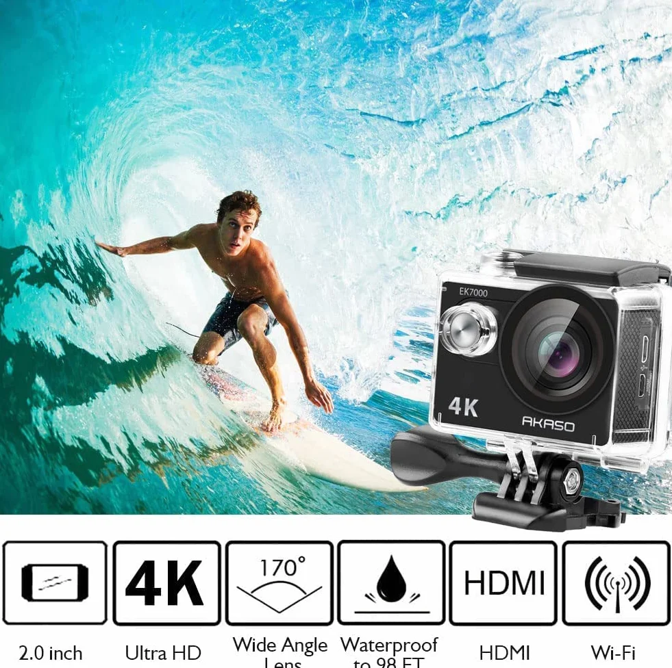 AKASO EK7000 Kamera sportowa 4K30FPS - 20MP Ultra HD kamera podwodna 170 stopni, szeroki kąt, wodoodporna kamera z zestawem akcesoriów - czarna