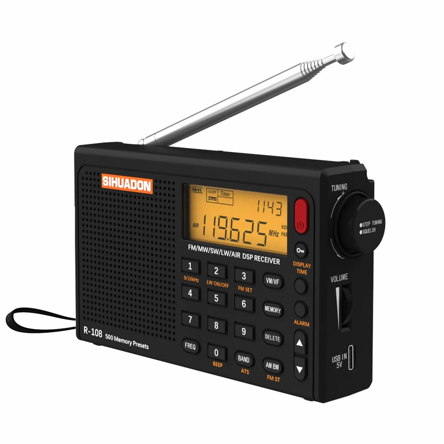 Radio przenośne SIHUADON R108 FM, wielozakresowe SW, MW, z czystym odbiorem i doskonałym dźwiękiem, gniazdo słuchawkowe, timer, budzik, zasilanie na baterie, kolor czarny