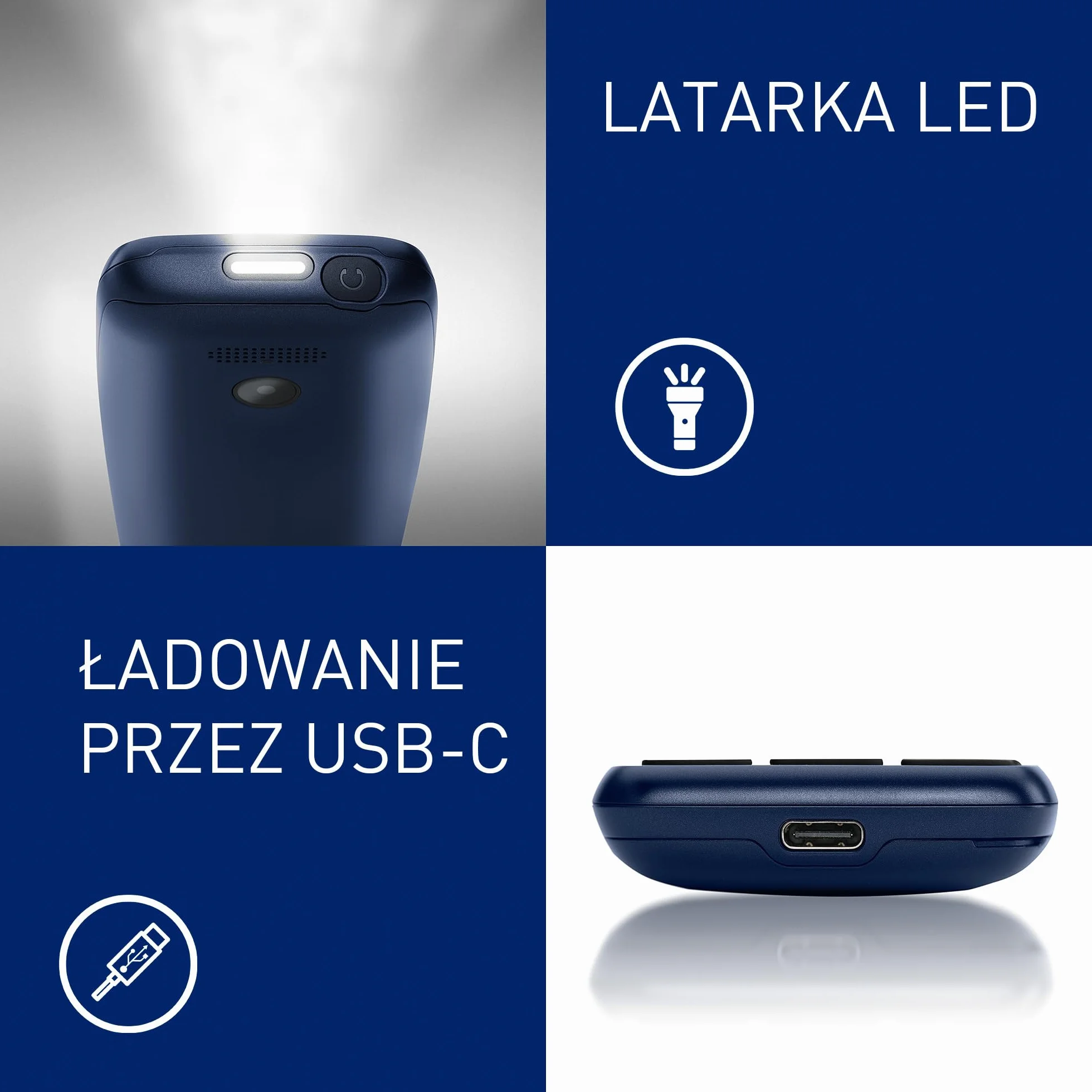 Panasonic KX-TF400EXC Łatwy w Użyciu Klasyczny Telefon 4 G VoLTE, 280 Godzin Czuwania, Ładowanie USB-C, Wyświetlacz 2,4 Cala, Bluetooth, Latarka LED, Aparat, Wodoodporność IP44, Niebieski