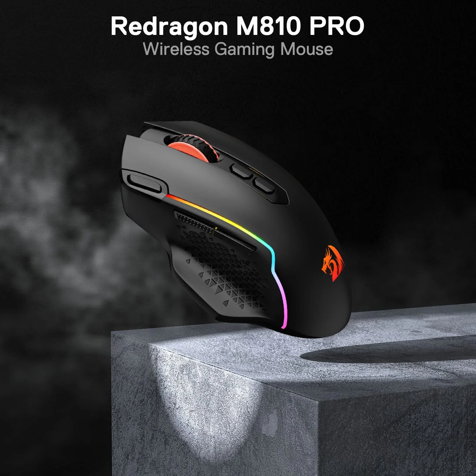Redragon M810 Pro Bezprzewodowa mysz do gier, 10000 DPI, dla graczy, z przyciskiem szybkiego strzału, 8 klawiszy makro, 45 godzin ciągłej mocy, podświetlenie RGB, do komputerów PC/Mac/laptopów,