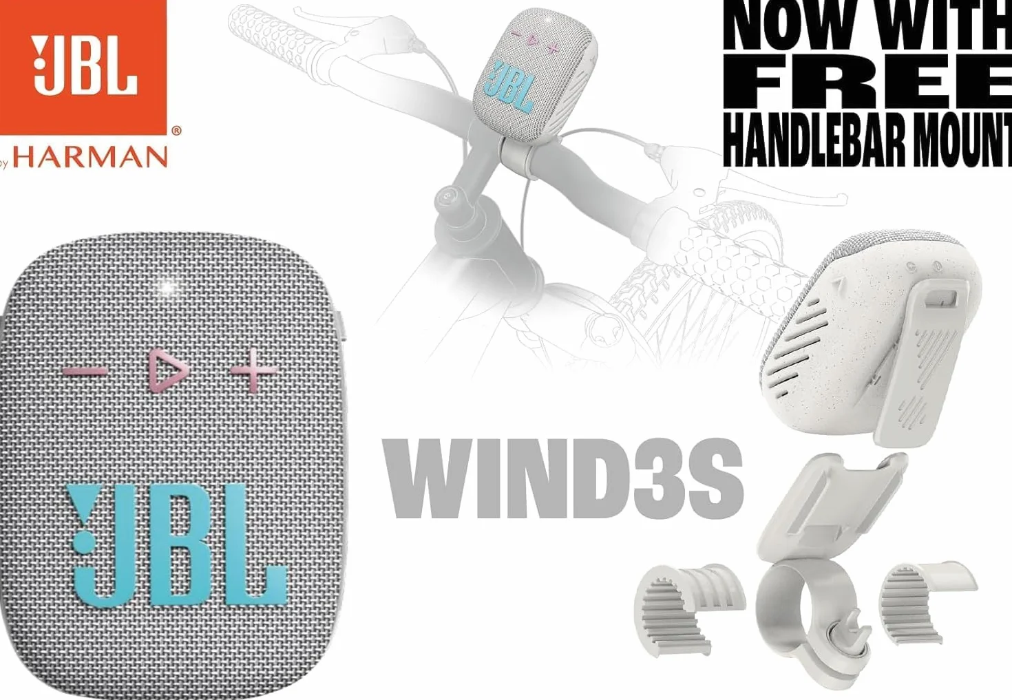 JBL Box Wind 3S przenośny mini głośnik Bluetooth, wodoszczelny, z klipsem, do uprawiania sportu, roweru i skutera, Bass Boost - biały, jasnoszary