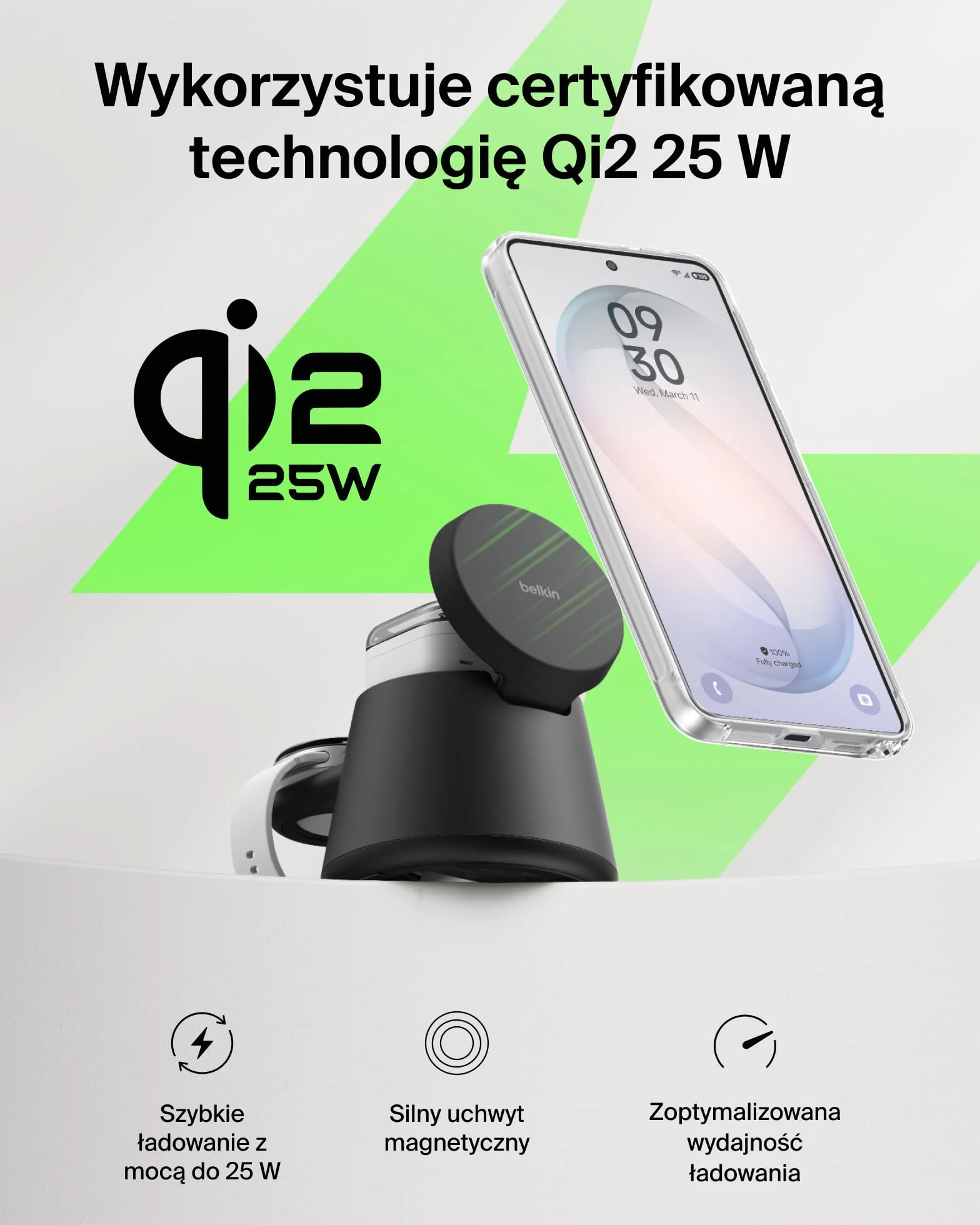 Belkin UltraCharge Bezprzewodowa Stacja 3 w 1 z Portem USB-C do Smartwatcha (Bez Ładowarki do Zegarka), Ładowarka Magnetyczna Qi2.2 25 W, Zasilacz 45 W – Samsung Galaxy S26, Galaxy Watch, Apple Watch