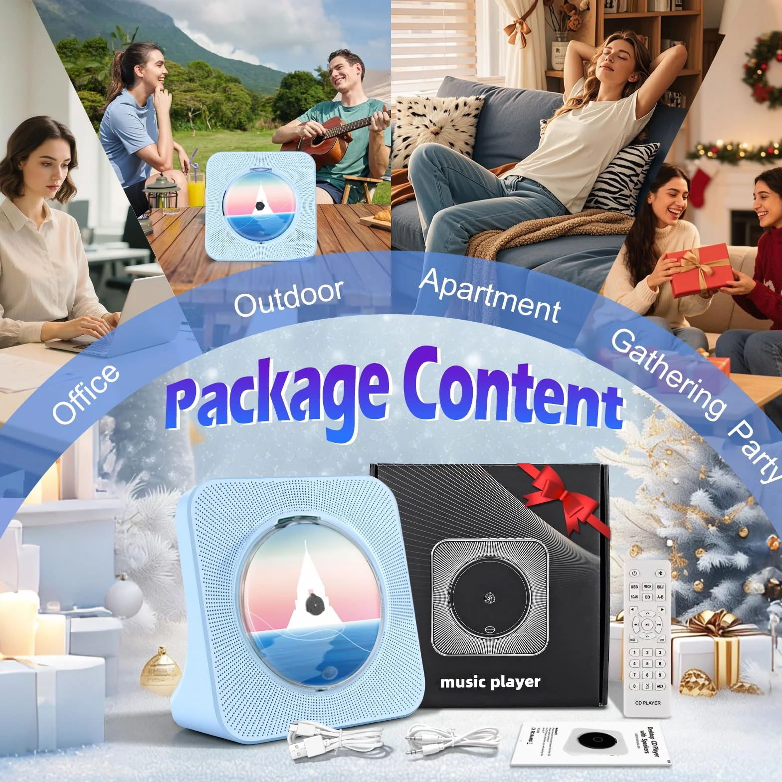 Przenośny odtwarzacz CD z Bluetooth i głośnikami, domowy odtwarzacz CD dla dzieci, odbiornik/nadajnik Bluetooth, radio FM, gniazdo słuchawkowe i USB, pilot zdalnego sterowania, niebieski