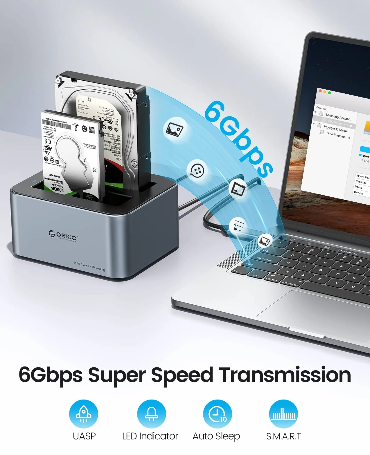 ORICO Aluminiowa stacja dokująca z podwójnym dyskiem twardym, USB 3.2 Gen 2 do SATA 2,5/3,5 cala SSD/HDD, 2 kieszenie, zasilacz 12 V 3 A, obsługuje 2 x 18 TB, bez użycia narzędzi (6626C3)