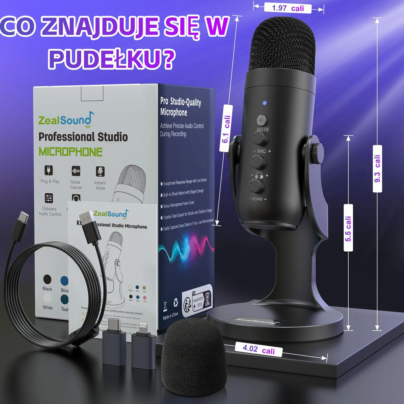 ZealSound Mikrofon USB pojemnościowy K66 do komputera PC PS5 Mac, wyciszenie i echo, regulacja głośności