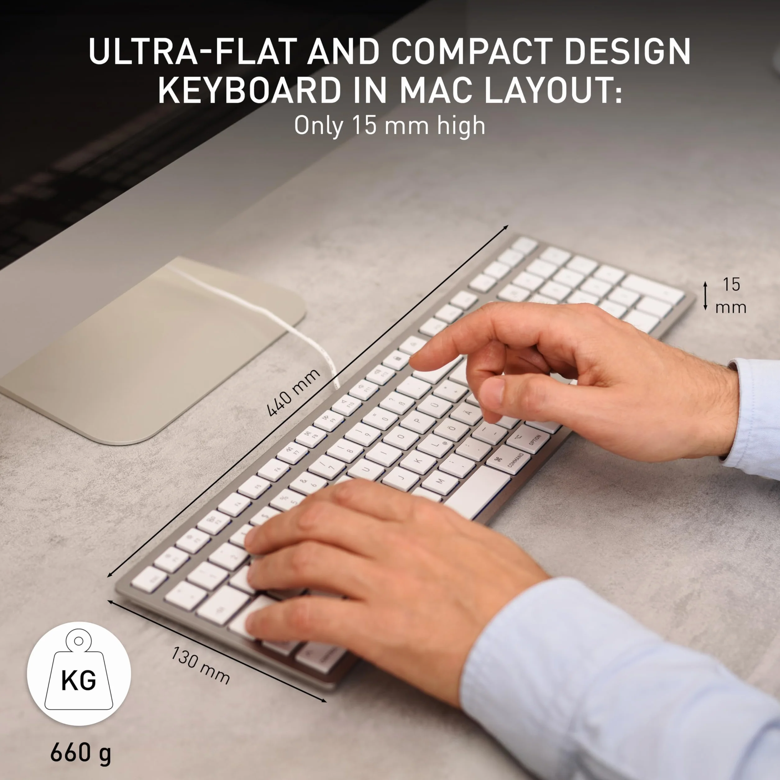 CHERRY KC 6000 SLIM FOR MAC, przewodowa klawiatura Mac (złącze USB-A), układ UK (QWERTY), ciche klawisze, płaska konstrukcja, biało-srebrna