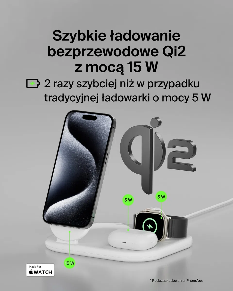 Belkin BoostCharge magnetyczna ładowarka ze składaną podstawką 3 w 1 z Qi2 15 W, szybka ładowarka zgodna z MagSafe, do urządzeń Apple iPhone 16/15/14, Apple Watch, AirPods, zasilacz w zestawie – biała