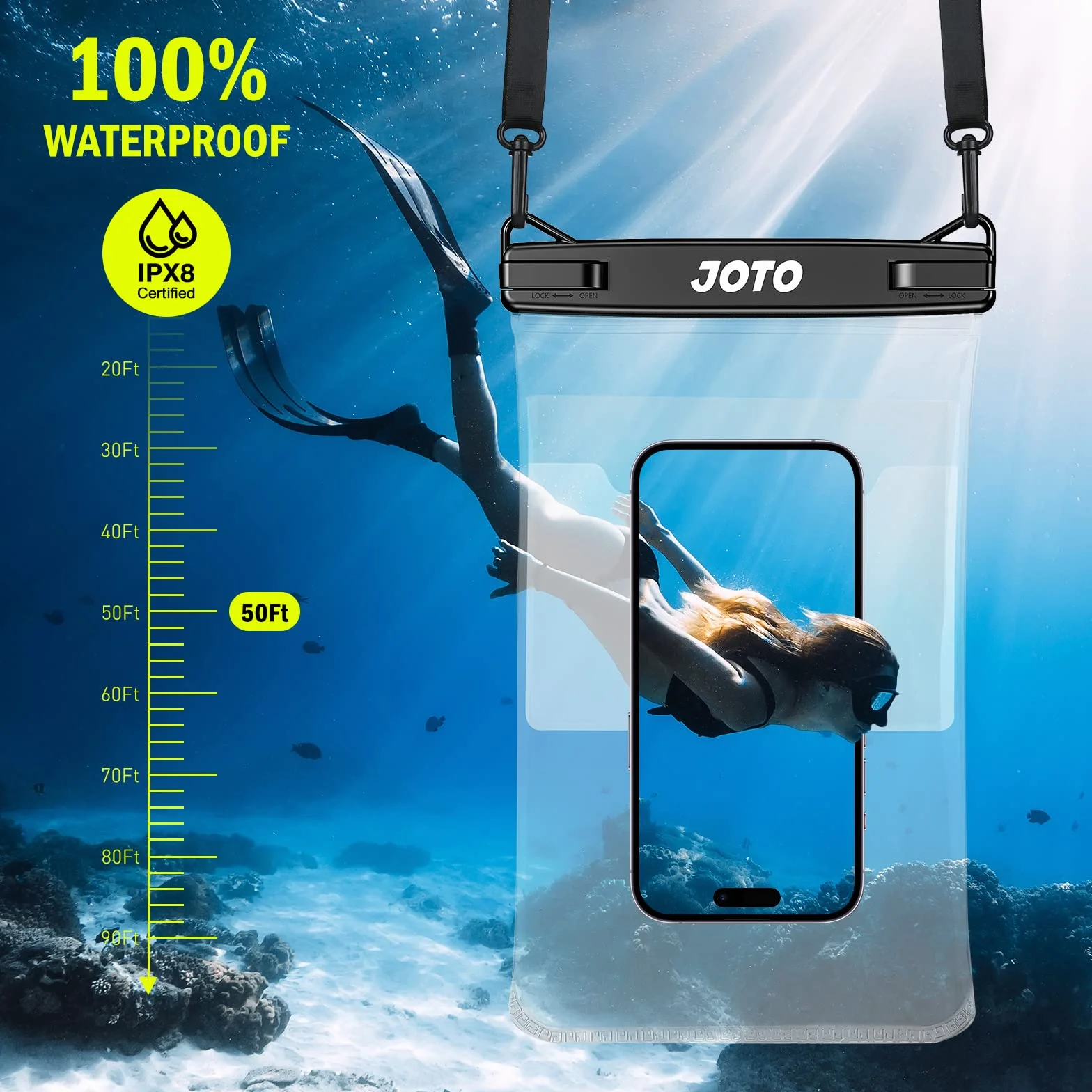 JOTO Duża wodoodporna torba na telefon, IPX8, duża, sucha, podwodna torba na telefon ze smyczą na iPhone'a 15, 14, 13 Pro Max, Galaxy S24 Ultra, S23, S22, wodoodporny portfel na plażę, 2 sztuki,