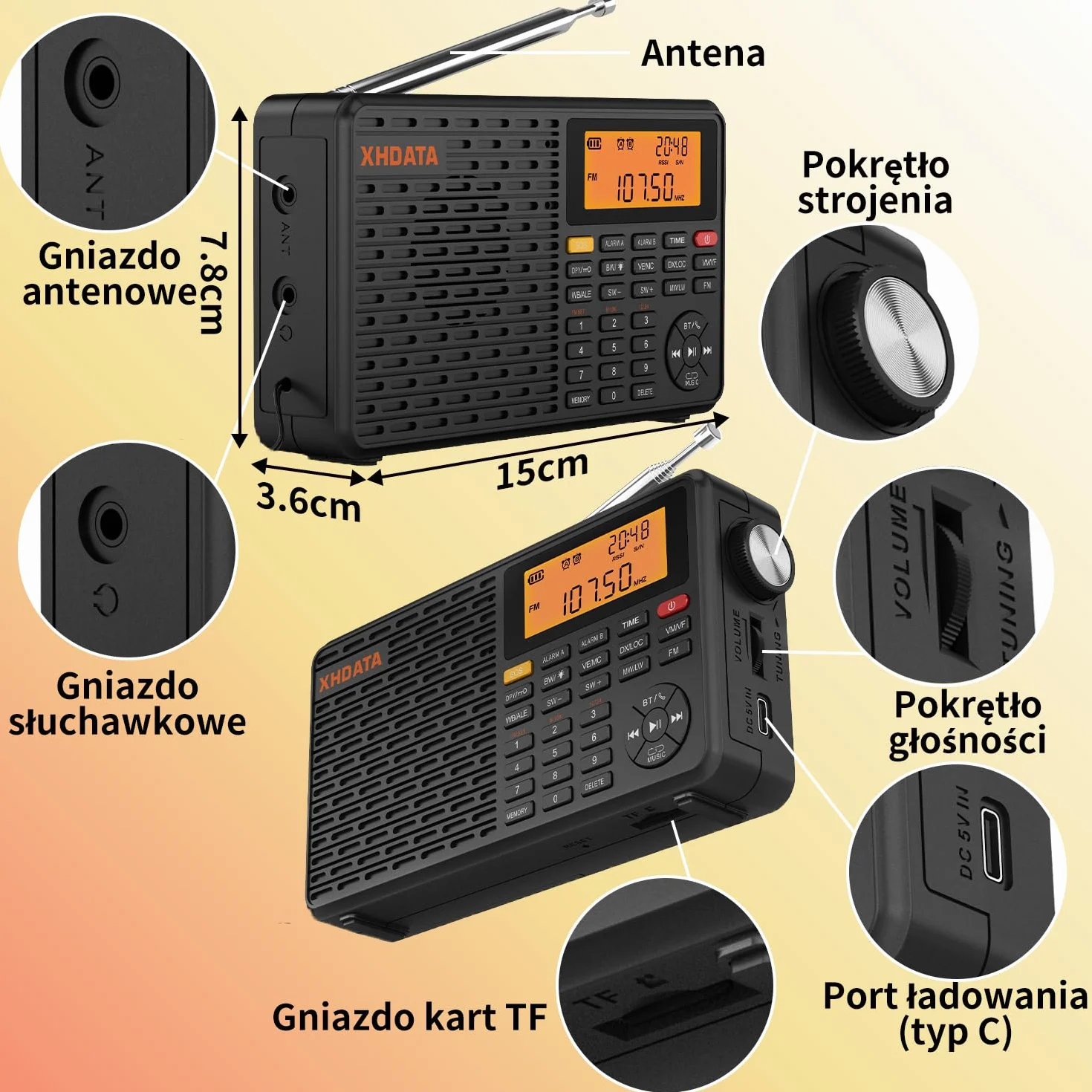 XHDATA D109WB Przenośne radio retro FM/AM/LW MP3 TF Bluetooth z zegarem i budzikiem