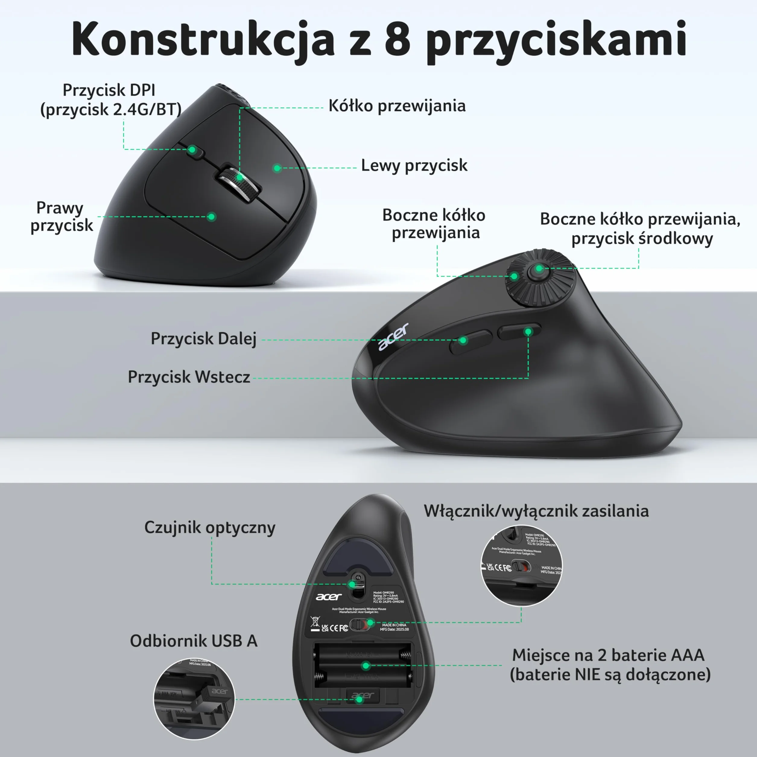 Acer Bezprzewodowa mysz ergonomiczna z bocznym kółkiem przewijania, 4000 DPI mysz Bluetooth do laptopa (BT5.2+2.4GHz), pionowa mysz, dla prawej ręki, 8 przycisków, odbiornik USB do PC, komputerów