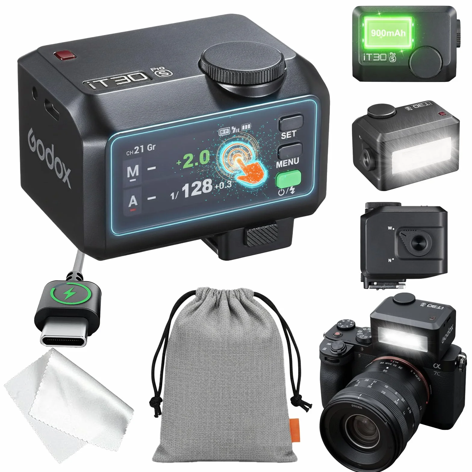 Godox iT30Pro S TTL Mini lampa błyskowa, iT30 Pro S bezprzewodowa lampa błyskowa 2.4G HSS 1/8000 s TTL, z ekranem dotykowym i USB-C, kompatybilna z Sony a6000, A9, A7R, A7RII, A7RM3, A7RIII itp.