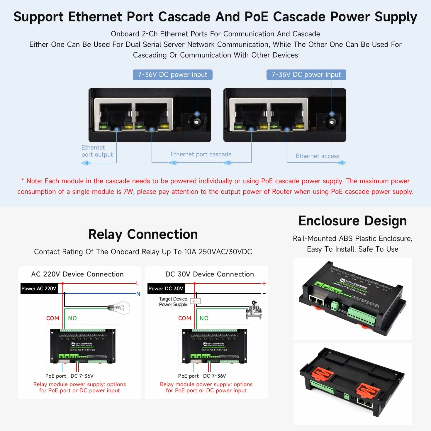 Waveshare 8-Ch Relay Module Dual Ethernet Ports PoE Modbus RTU Industrial Rail-Mount