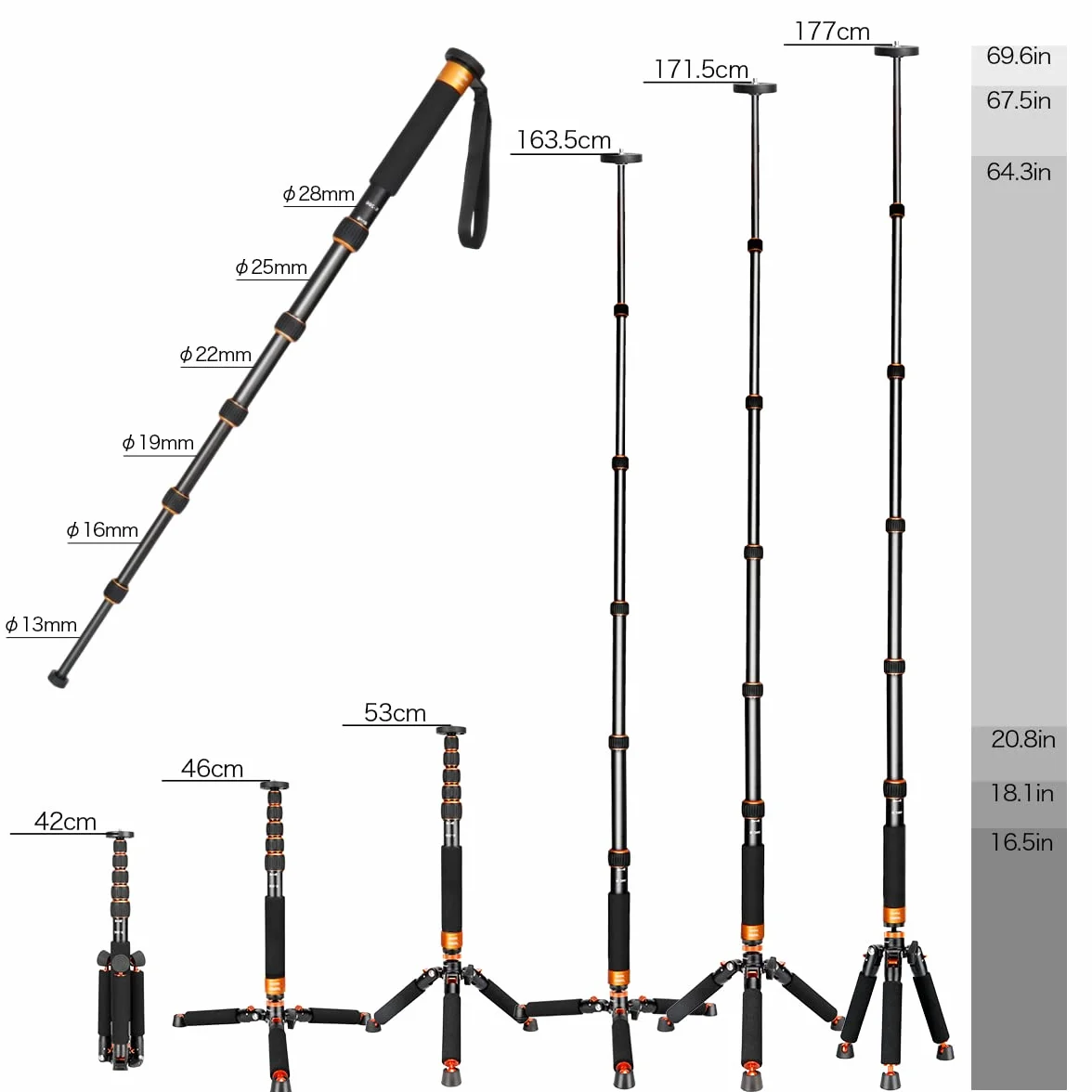 Koolehaoda Kamera monopod z metalową podstawą statywu, 6 sekcji regulowanej wysokości 46-177cm, średnica nogi Φ28 mm do kamery wideo DSLR Fotografia DV, maksymalne obciążenie 6 kg