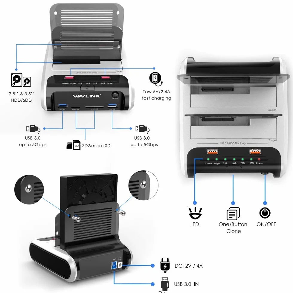 Stacja dokująca do dysków twardych, WAVLINK USB Stacja dokująca Offline funkcja klonowania dla 2,5 cala i 3,5 cala SATA HDD SSD, obsługuje karty TF i SD oraz ładowanie przez USB