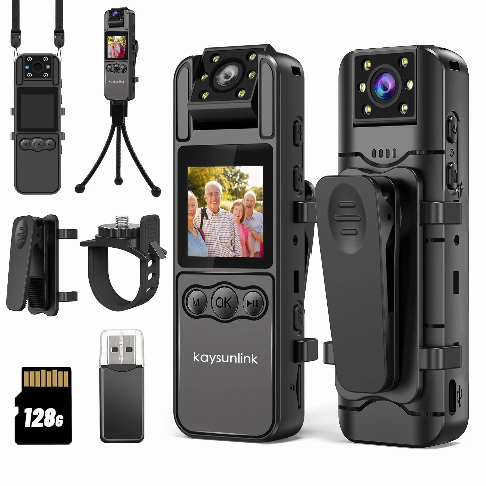 Kaysunlink Kamera 1080P FHD z kartą 128 GB, obiektyw obracany 180°, noktowizor, mini kamera policyjna, czarna