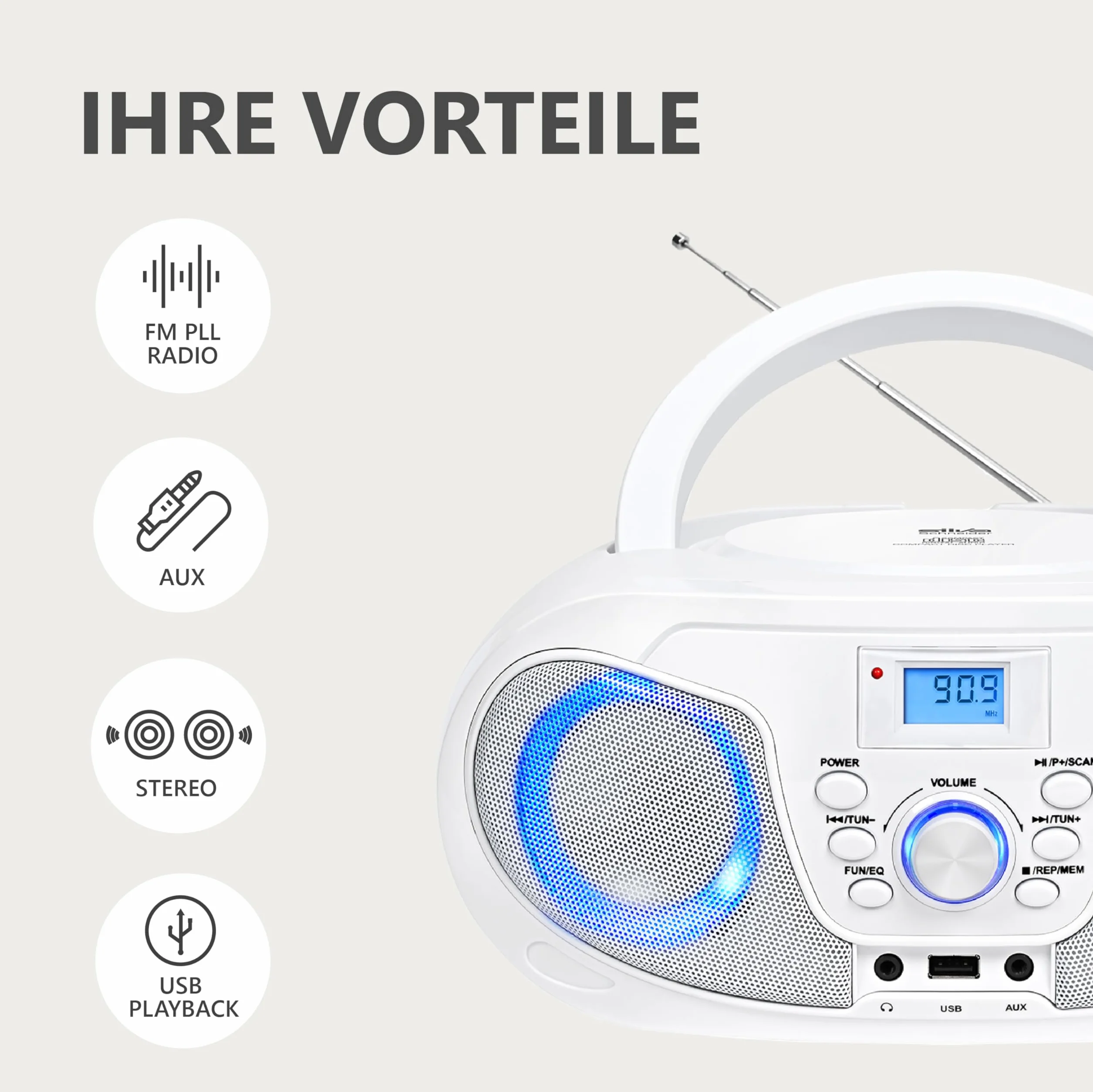 Silva Schneider MPC 25.4 USB przenośny odtwarzacz CD z radiem FM, USB do MP3, AUX i gniazda słuchawkowego, wyświetlacz LCD, 40 W p.m.p.o., zasilanie sieciowe/bateryjne – biały