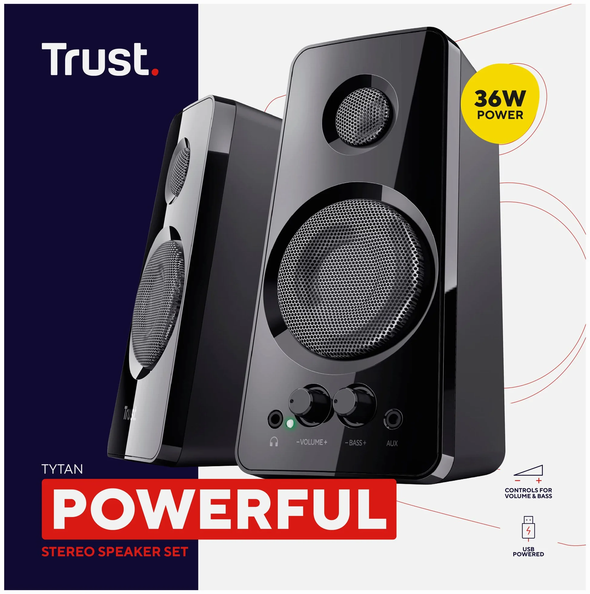 Trust Tytan 2.0 zestaw głośników, 36 W (18 W RMS), komputer, regulator głośności i basów, gniazdo słuchawkowe, zasilanie USB, głośnik PC do laptopa, smartfona, tabletu, czarny