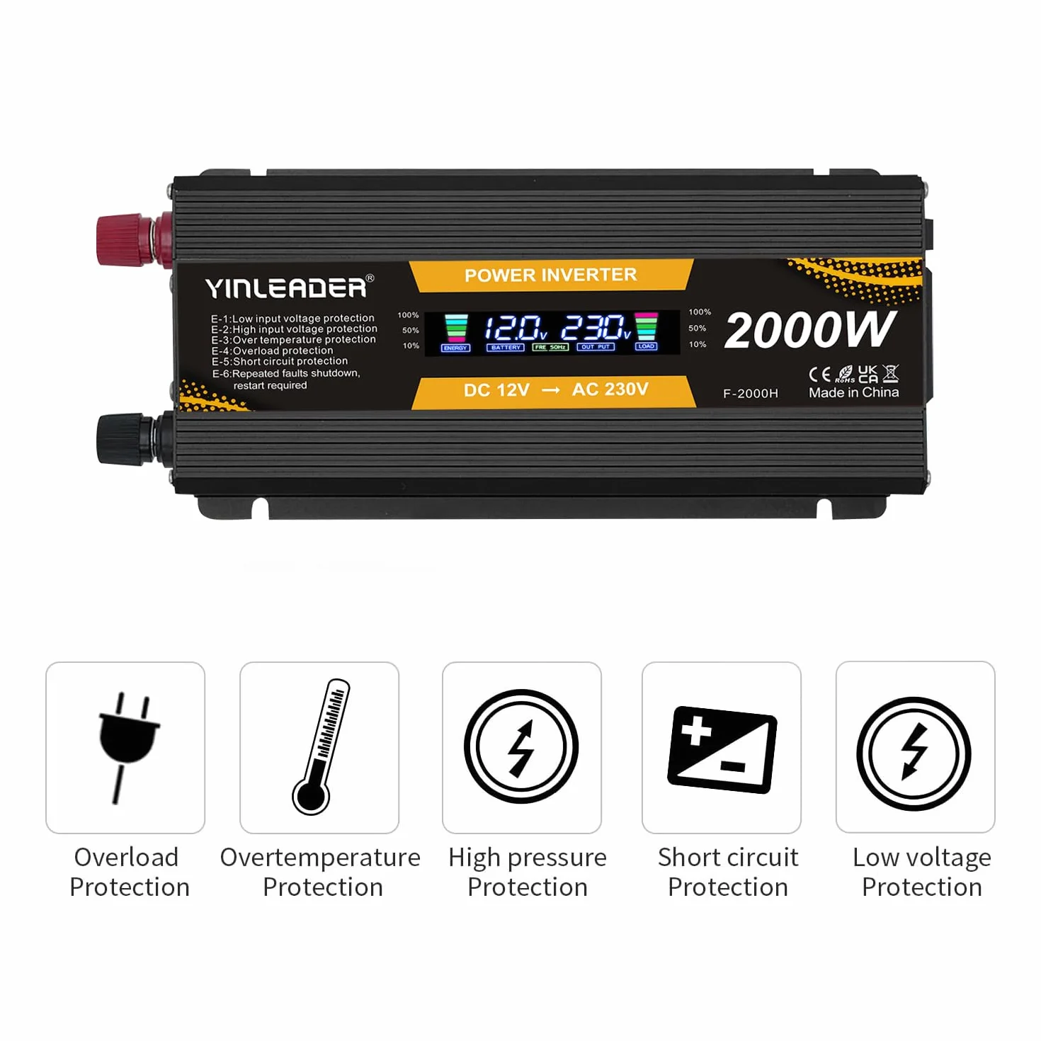 Yinleader Falownik 12 V 230 V 1000 W /2000 W przetwornica napięcia LCD z 2 USB -czarny