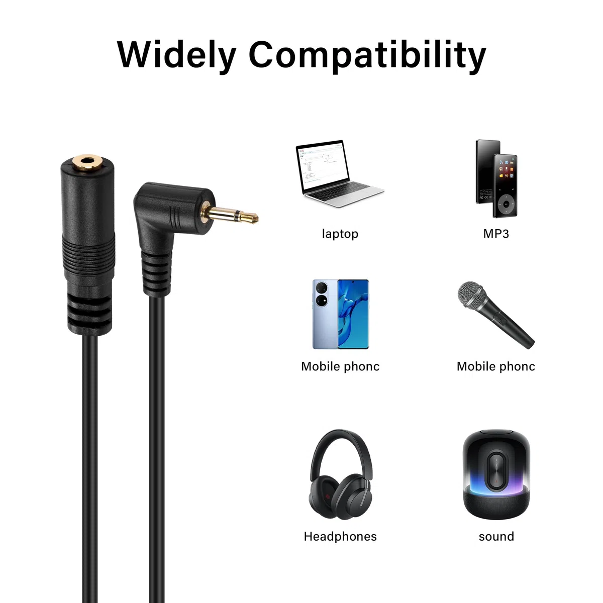Kąt prosty 2,5 mm kabel audio Aux, 90 stopni 2,5 mm męski na żeński TS mono przedłużacz audio do smartfona, słuchawek, odtwarzacz mp3 (0,3 M)