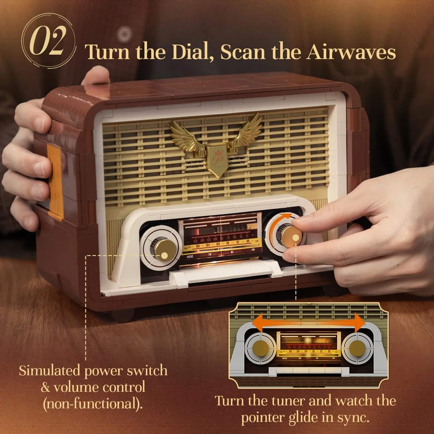 PANTASY Zestaw Klocków Retro Radio dla Dorosłych, Model Radia Vintage z Modułem Świetlnym i Ruchomym Pokrętłem Strojenia, Wzmacniacz do Telefonu, Zestaw Zasilany Model Kolekcjonerski