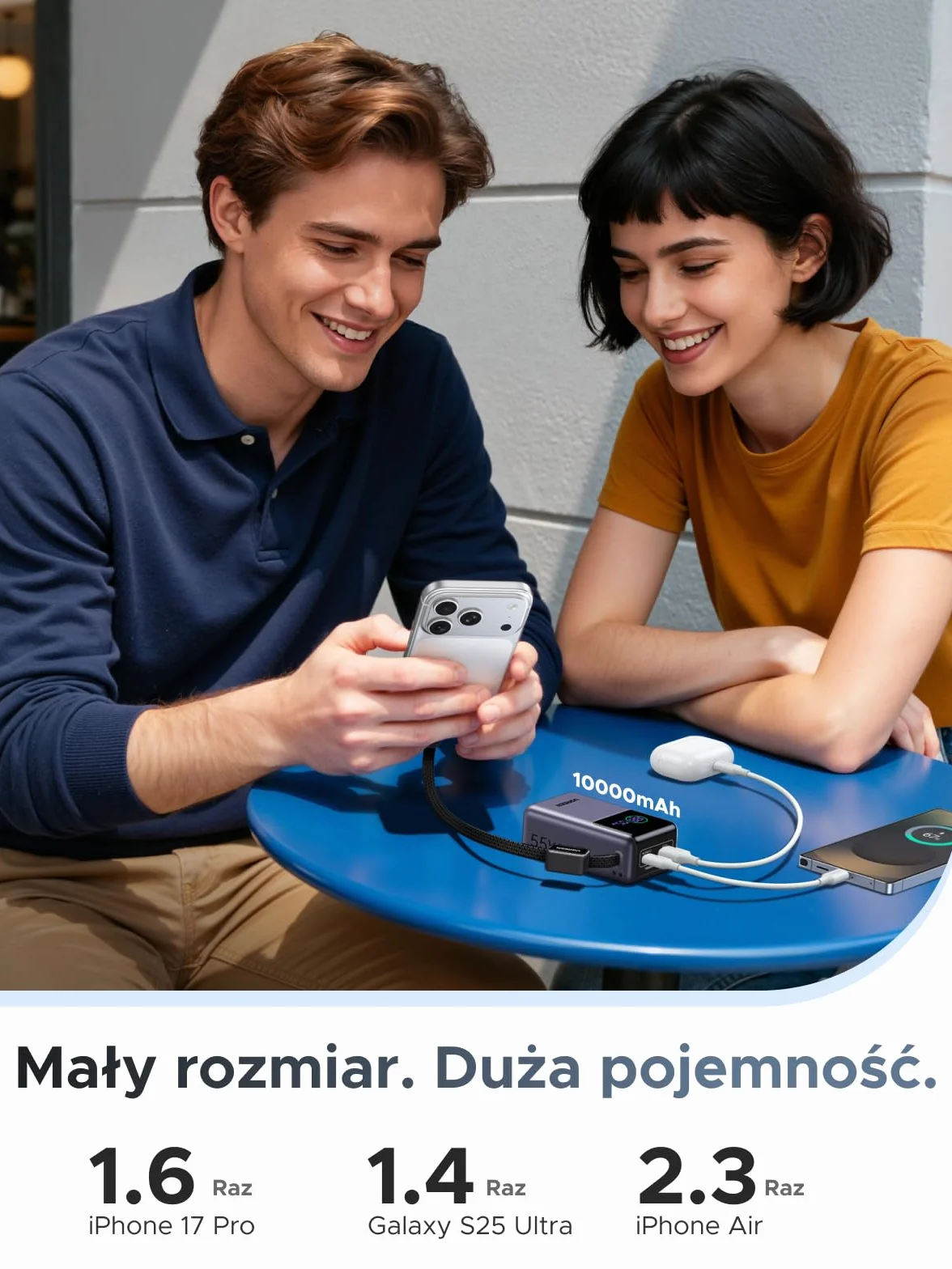 Power bank UGREEN 55W, 10000mAh z wbudowanym kablem, HyperCharge dla Xiaomi, szybkie ładowanie PD 45W, kompatybilny z iPhone'em 17/16/15, szary