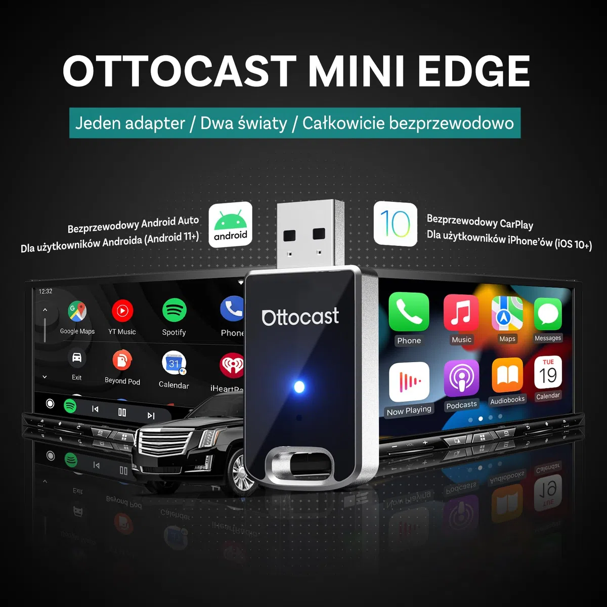 (Nowy Model 2025) OTTOCAST Adapter Bezprzewodowy 2 w 1 Carplay Android Auto, OTTO CAST Mini Edge dla iOS 10+ i Android 11+, Płynne Połączenie z Fabrycznym Carplay/AndroidAuto w Samochodach
