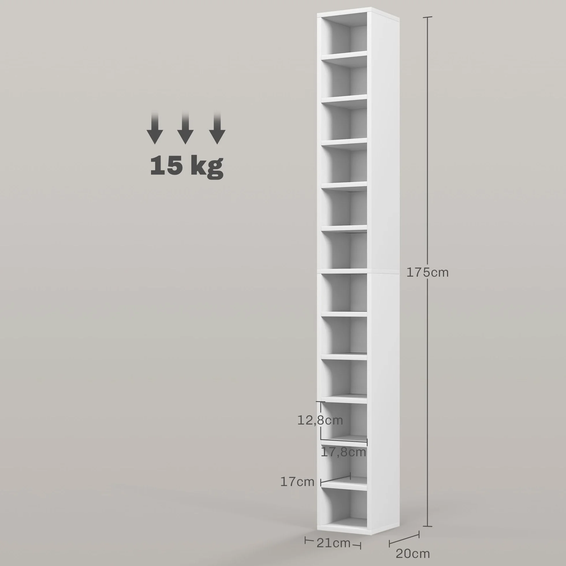 HOMCOM Przechowywanie płyt CD i DVD, kolumna do przechowywania, szafka do przechowywania z 12 przegródkami, maks. pojemność 204 CD, 21 x 20 x 175 cm, biały