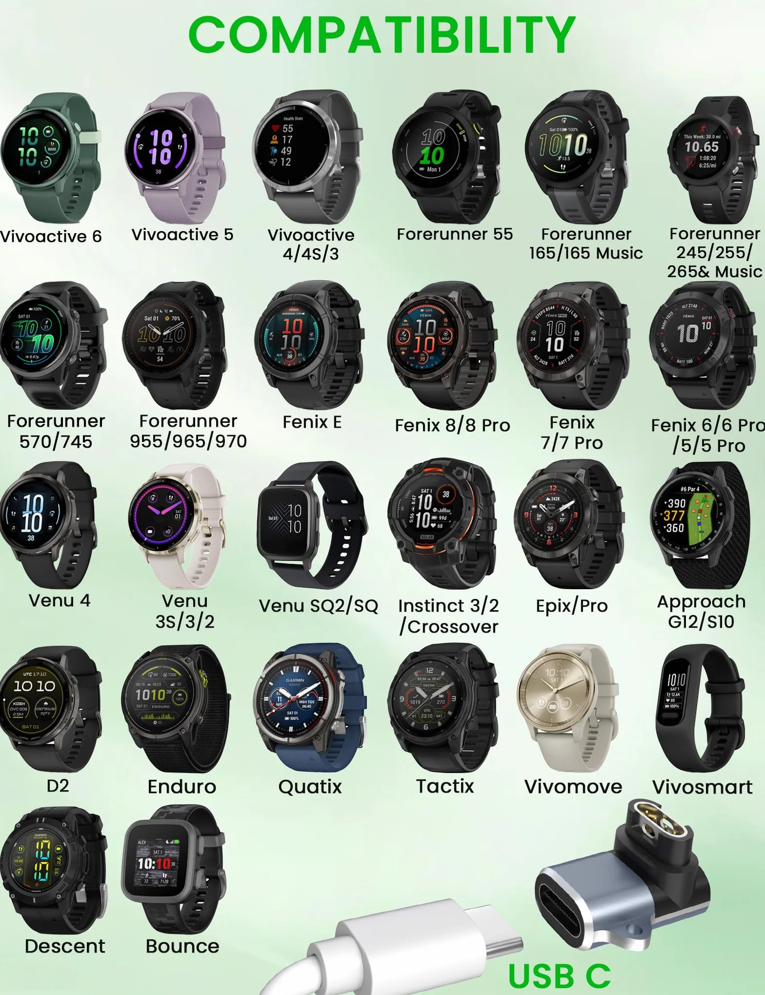 Sinoacc Ładowarka do zegarka Garmin kompatybilna z zegarkiem Vivoactive 6, 5, 4, 3, Fenix 8 Pro, E, 7, 6, 5, Forerunner 55, 165, 245, 255, 955, 965, 970, Venu, Sq, 2, 3S, 4, D2, Epix, USB C, w