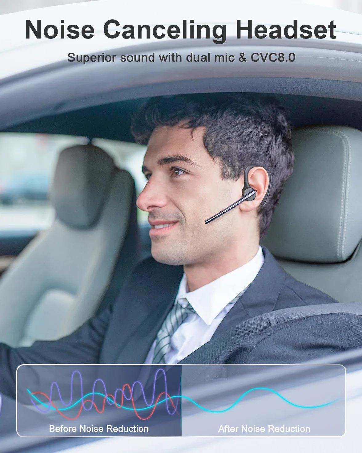 Zestaw słuchawkowy Bluetooth z redukcją szumów, podwójny mikrofon, zestaw głośnomówiący Bluetooth, bezprzewodowy zestaw słuchawkowy 24 godziny, czas rozmowy, do iPhone'a, telefonu komórkowego,
