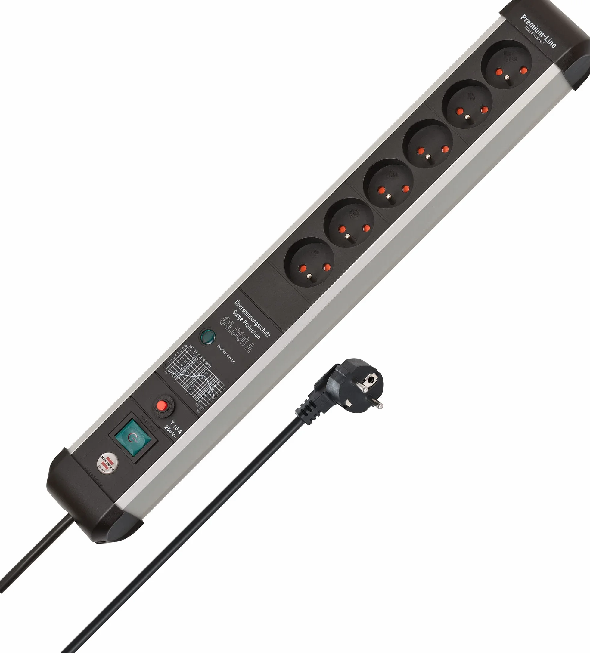 Brennenstuhl Premium-Protect-Line listwa zasilająca 6-gniazda ochrona przepięciowa 60.000 A kabel 3m srebrno-czarna