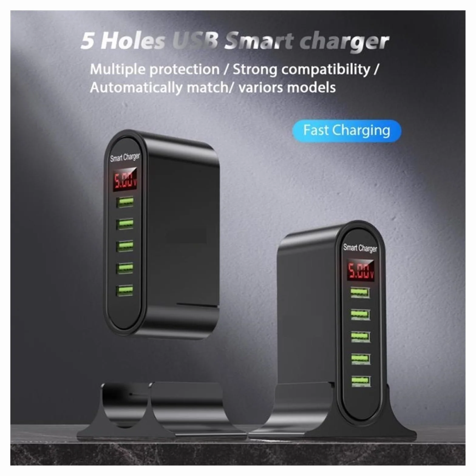 Ładowarka USB, Ładowarka USB, 5 portów z wyświetlaczem LED Stacja ładująca Multi USB Uniwersalna ładowarka biurkowa do telefonu Stacja ładująca dla wielu urządzeń(B)