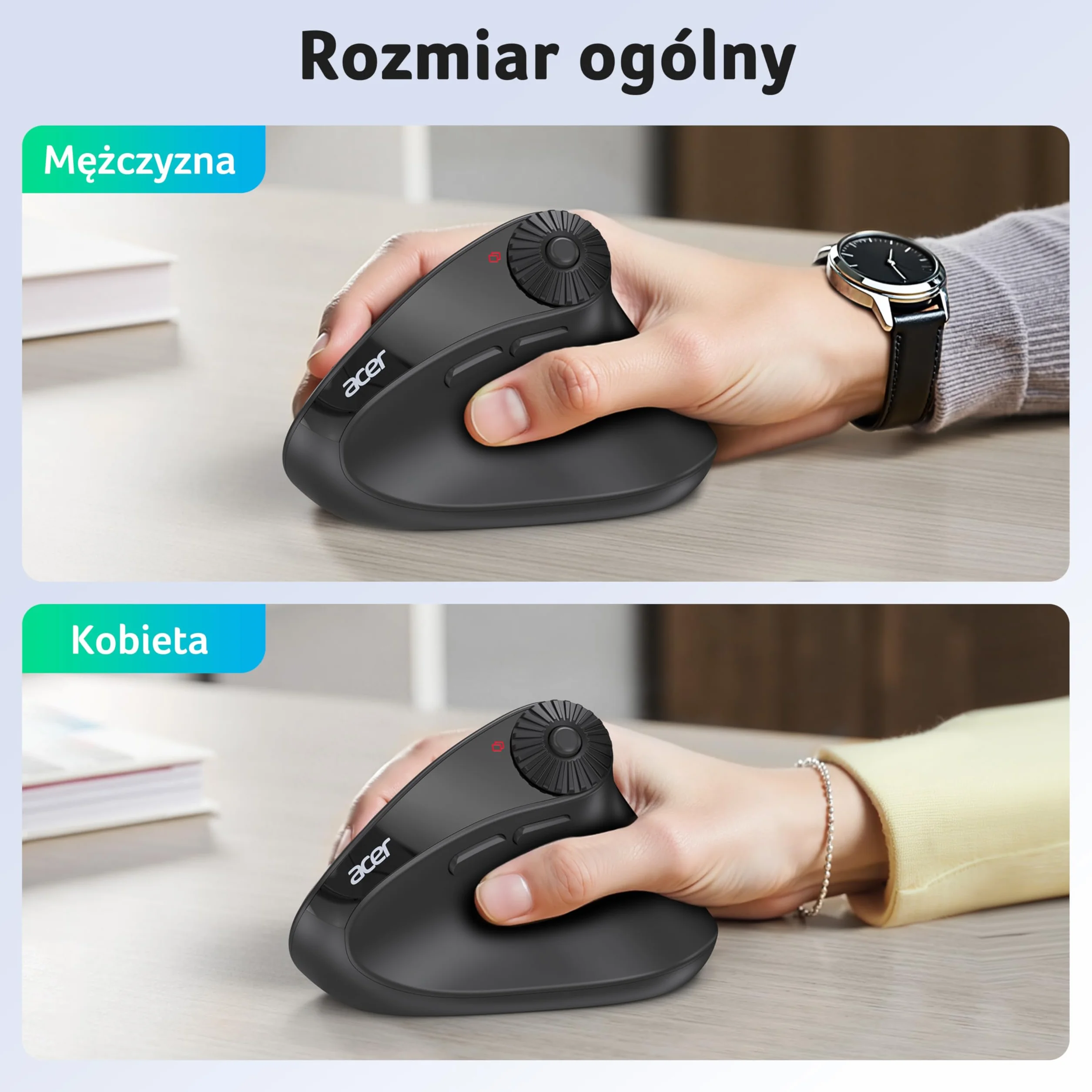 Acer Bezprzewodowa mysz ergonomiczna z bocznym kółkiem przewijania, 4000 DPI mysz Bluetooth do laptopa (BT5.2+2.4GHz), pionowa mysz, dla prawej ręki, 8 przycisków, odbiornik USB do PC, komputerów