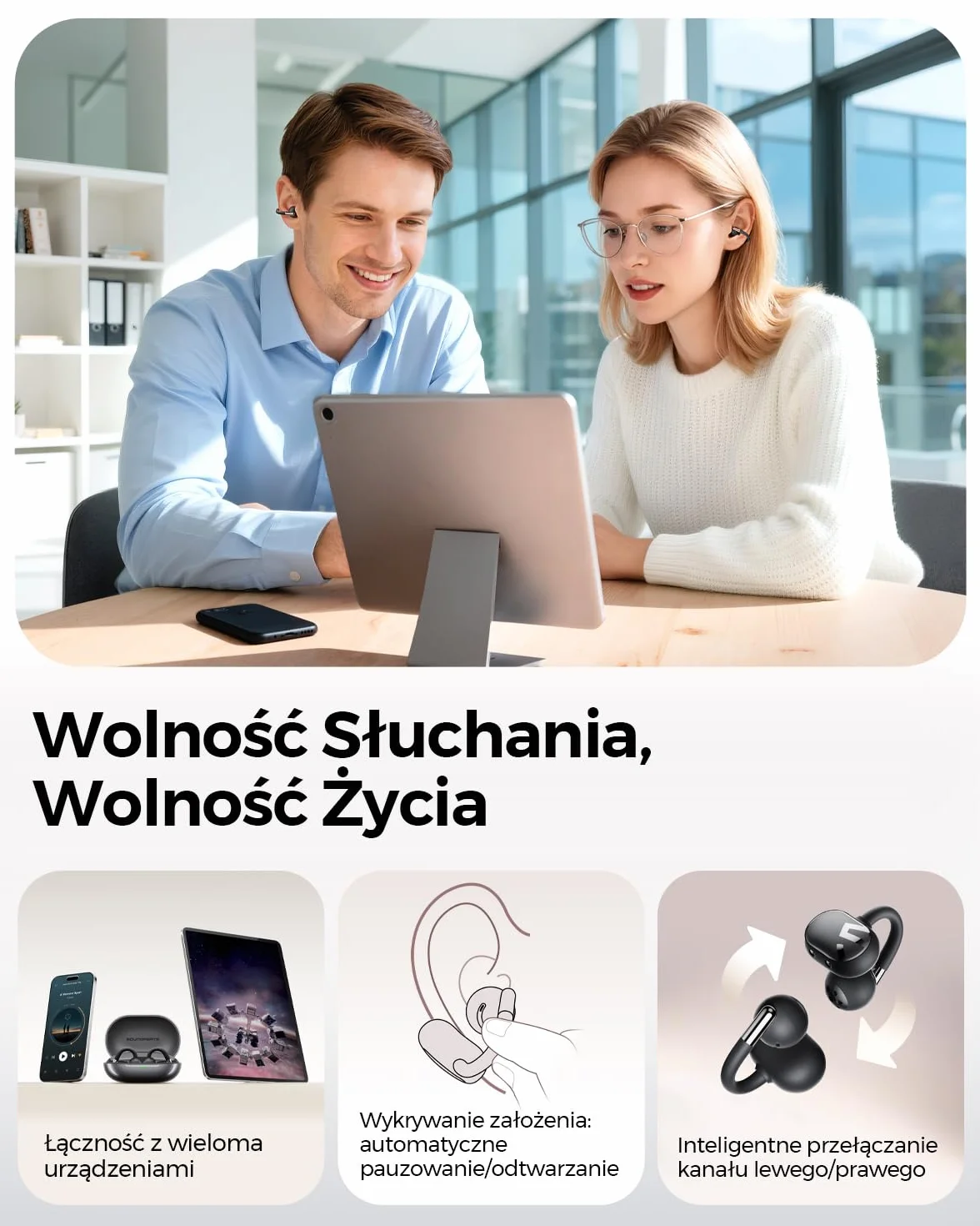 SOUNDPEATS Clip1 Bezprzewodowe Słuchawki z Klipsem Otwartym, Dolby Audio Hi-Res LDAC, Bluetooth 5.4, IPX5, Czarny