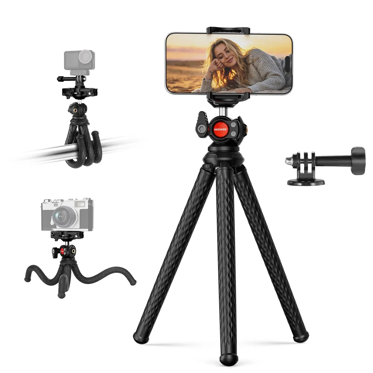 NEEWER Elastyczny statyw do telefonu, mały mini kamera internetowa, stojak na biurko, ukryty uchwyt na telefon komórkowy i adapter do montażu kamery sportowej kompatybilny z iPhone GoPro DJI Insta360