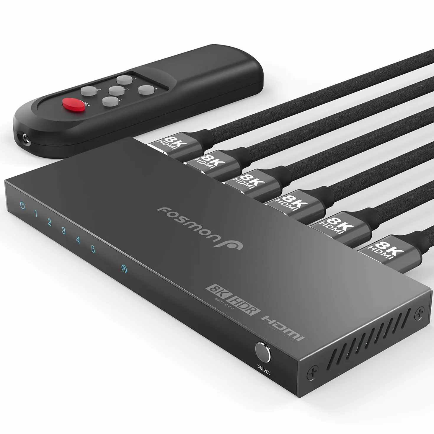 Fosmon 5-portowy przełącznik HDMI 8K z pilotem, obsługa 8K@60Hz 4K@120Hz High Speed 48Gbps, Switch HDMI 2.1 5 wejść 1 wyjście Splitter Hub kompatybilny z PS5 Xbox Apple TV DVD laptopem PC monitorem