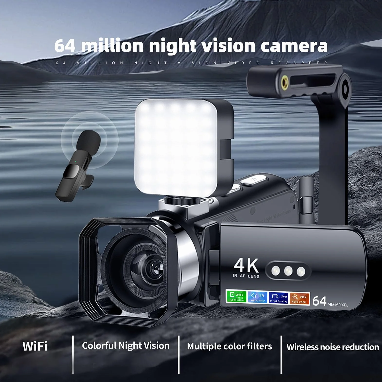 Kamera Wideo, 4K 64MP Ultra HD Kamera, 3 -calowy Ekran Flip WiFi Vlogging Rejestrator z 28x Cyfrowy Zoom, IR Nocne Widzenie, Bateria 4800 MAh dla YouTube