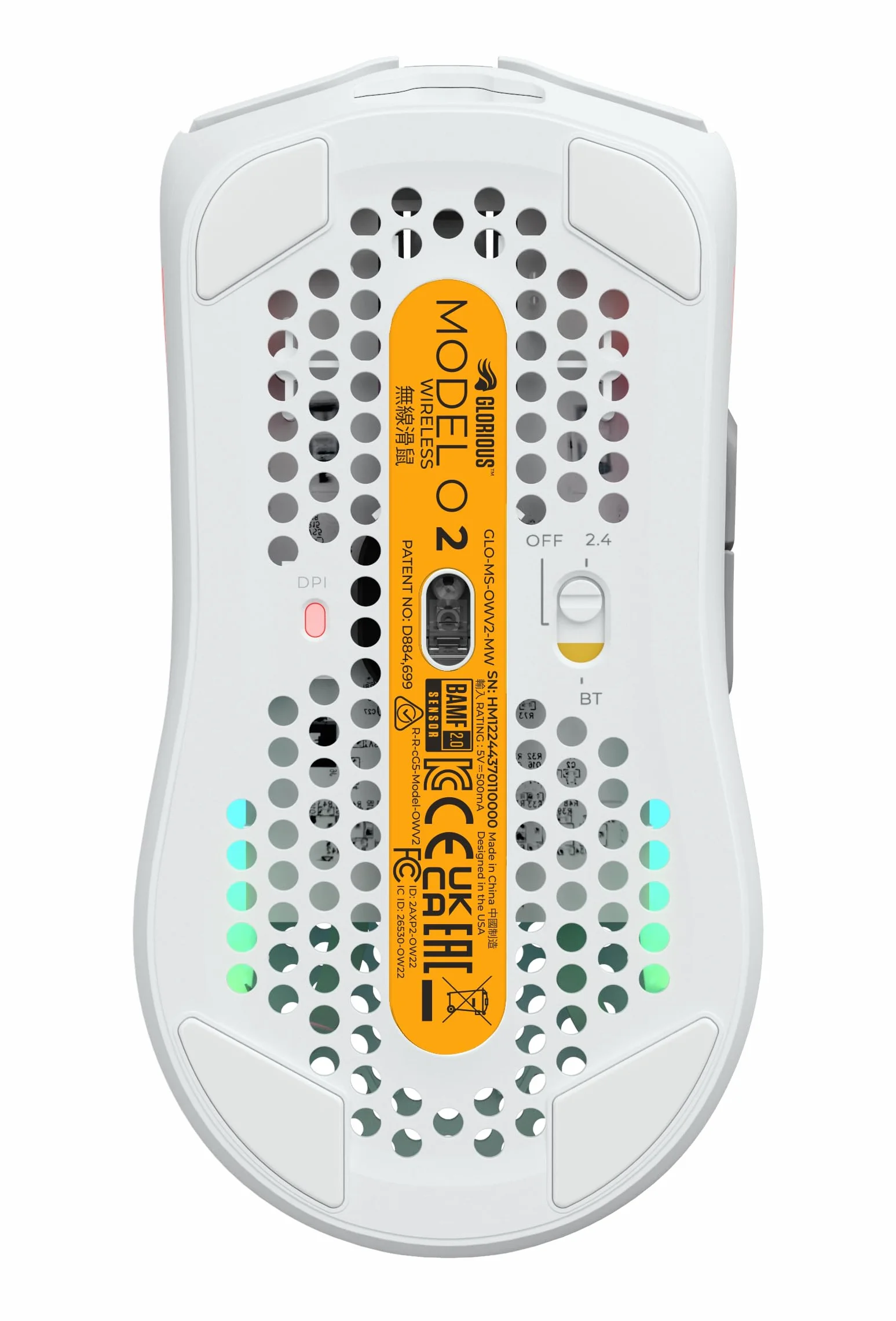 GLORIOUS Gaming Model O 2 Wireless – hybrydowa 2,4 GHz/Bluetooth, długi czas baterii, superlekka (68 g), czujnik BAMF 2,0 26k, RGB, oburęczna, 6 przycisków, ślizgacze – biel