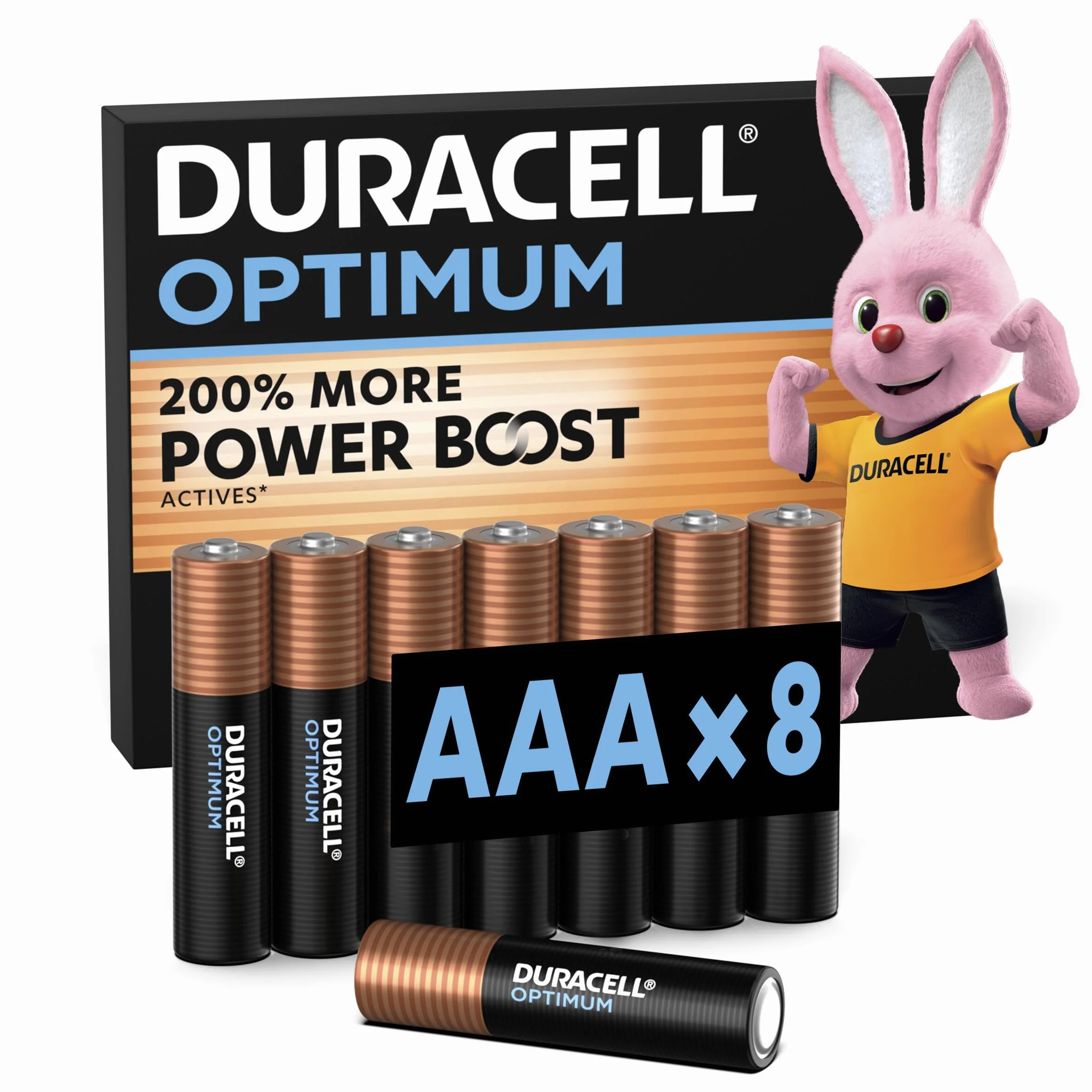DURACELL Baterie alkaliczne Optimum AAA 1,5 V, 8 szt., 200% więcej składników aktywnych Power Boost, do nowoczesnych urządzeń, w 100% nadające się do recyklingu, opakowanie bez plastiku, MX2400
