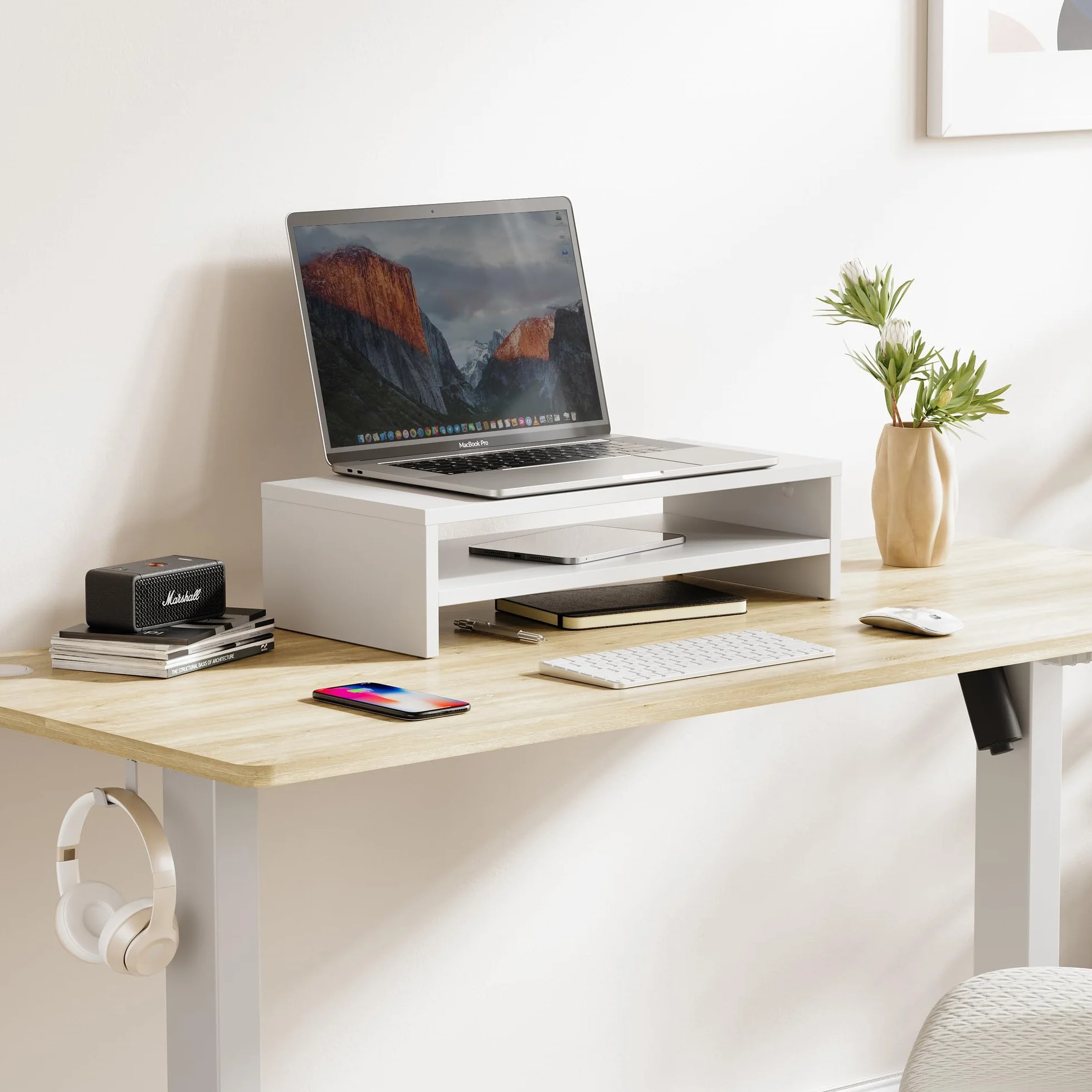 FITUEYES Stojak na monitor 2-poziomowy 54 cm drewniany biały