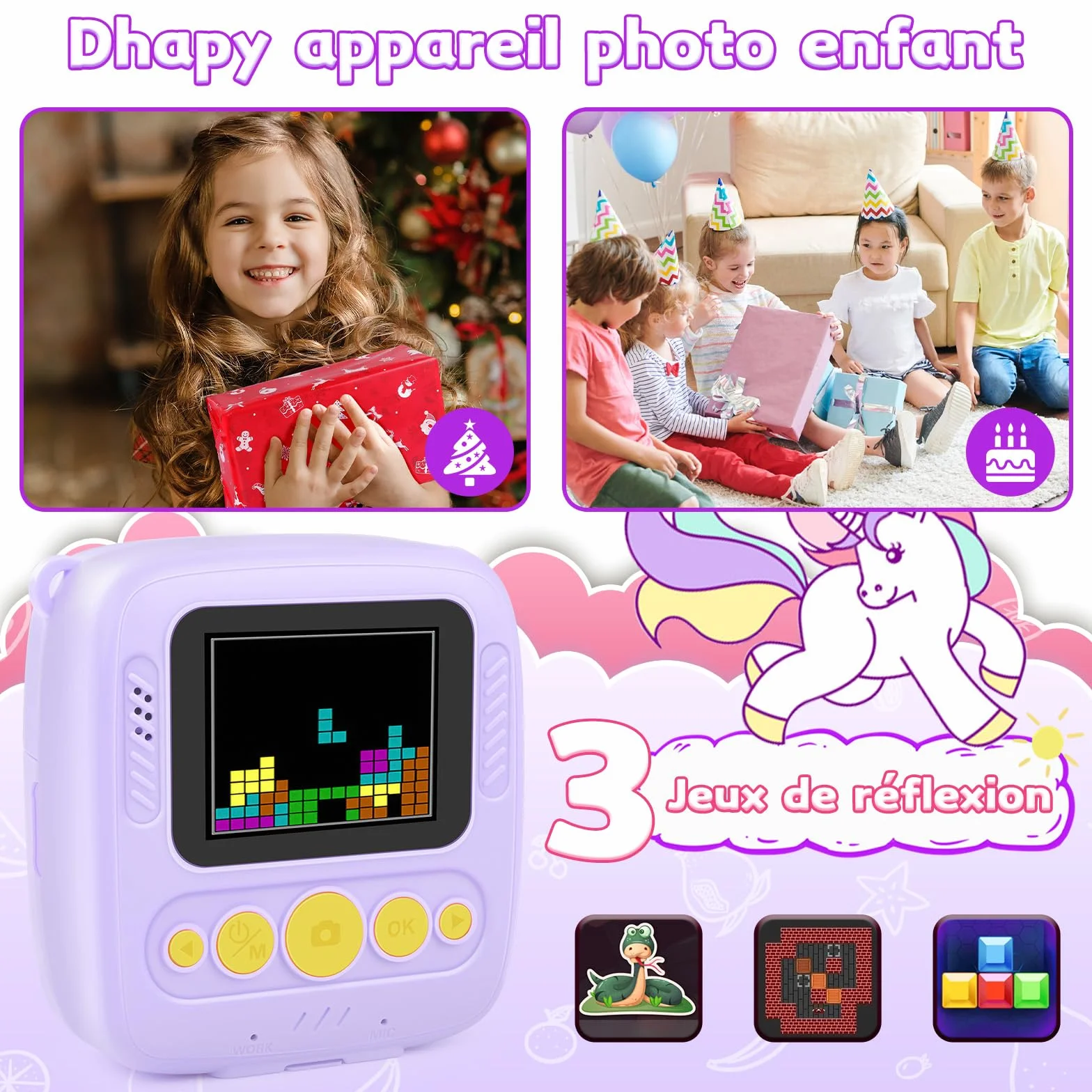 Aparat natychmiastowy dla dzieci, aparat natychmiastowy 48 MP dla dzieci z kartą 32 GB i papierem do drukowania, aparat cyfrowy dla dzieci 1080P, prezent dla chłopców - fioletowy