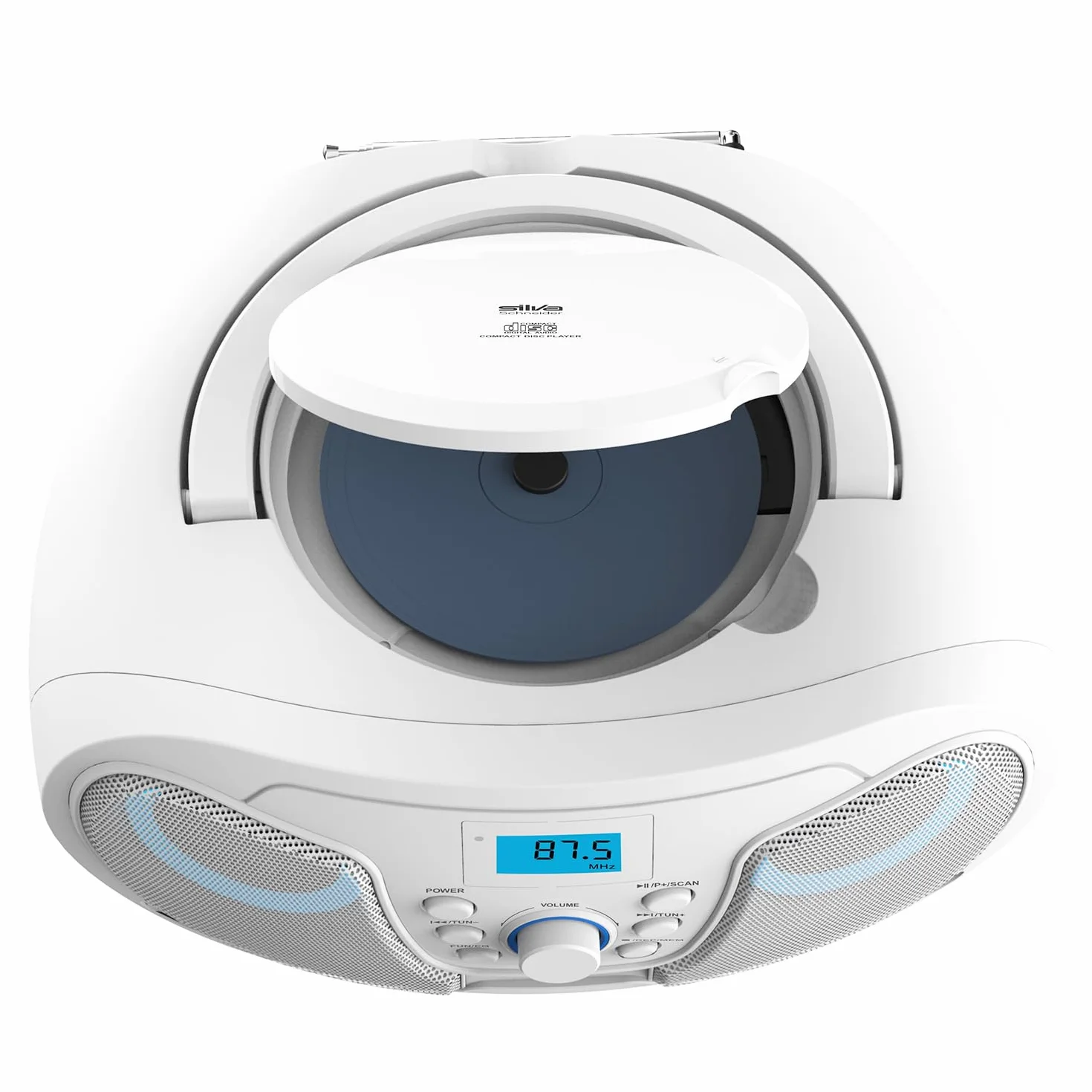 Silva Schneider MPC 25.4 USB przenośny odtwarzacz CD z radiem FM, USB do MP3, AUX i gniazda słuchawkowego, wyświetlacz LCD, 40 W p.m.p.o., zasilanie sieciowe/bateryjne – biały