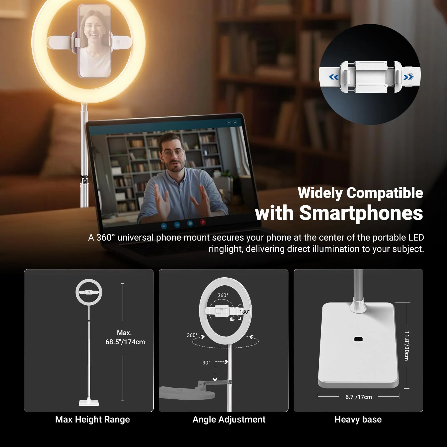 NEEWER Wersja wejściowa 25.4 cm 7W LED Ring Light ze stojakiem/uchwytem na telefon / 3 tryby kolorów, 175.3 cm teleskopowy pierścień do selfie, oświetlenie do iPhone Streaming Makeup Lash Studio